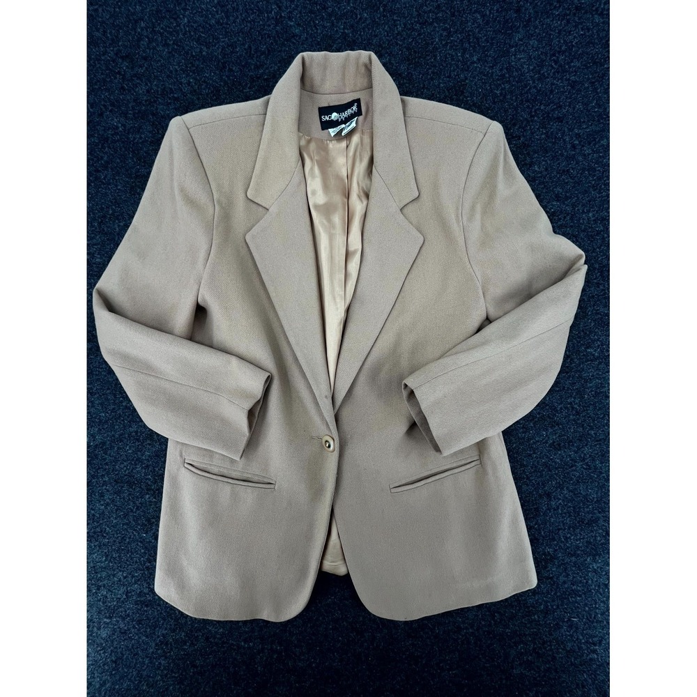 Vintage Sag Harbor Blazer Jacket Womens 12P Beige Wool Blend Notch Lapel Career